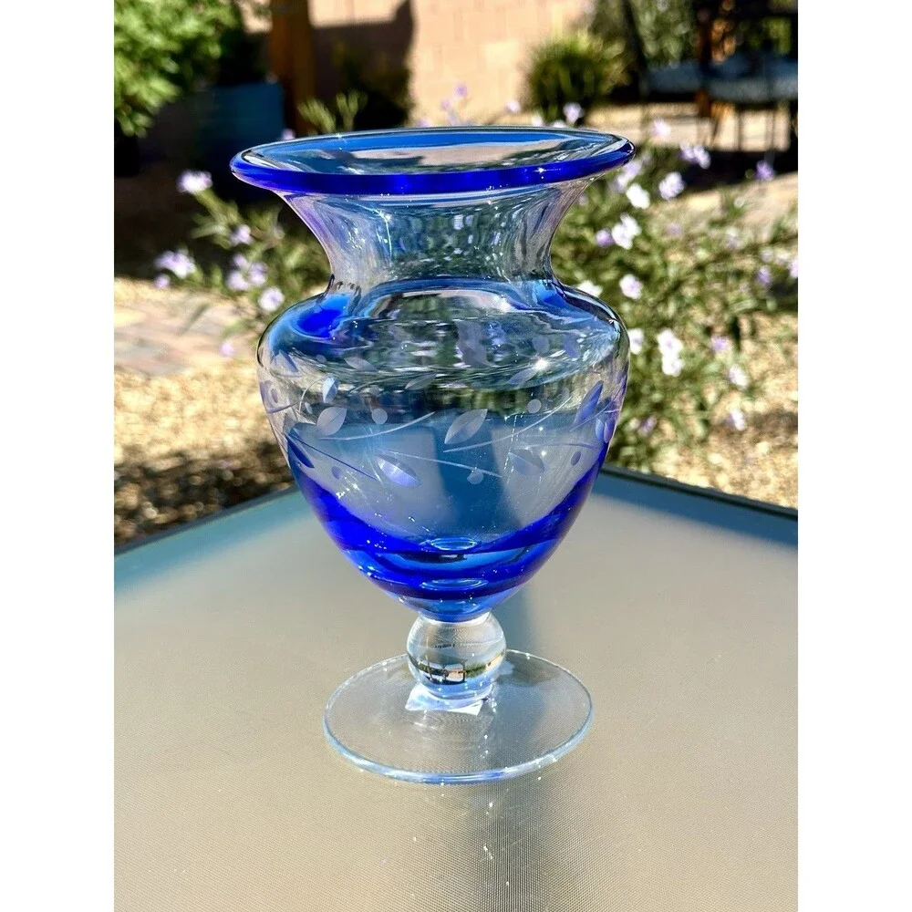 BELLA POTTERY BARN ETCHED Footed Blown Glass Vase w/ Ball Stem Blue 8